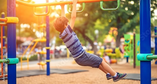 An energetic boy is swinging on monkey bars in a playground park, illuminated by the warm, golden light of the setting summer sun, building arm strength.