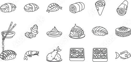 Sushi food icon set collection of cuisine, fish, rice, and seaweed