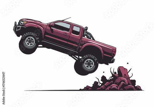 An illustration shows a maroon pickup truck jumping over a mound of dirt in a dynamic pose that captures the spirit of off road adventure with a bold and graphic style.
