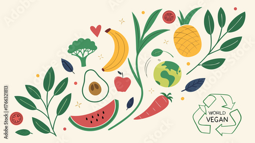 Photos A vibrant illustration celebrating World Vegan Day with an assortment of fresh fruits, vegetables, and eco-friendly symbols