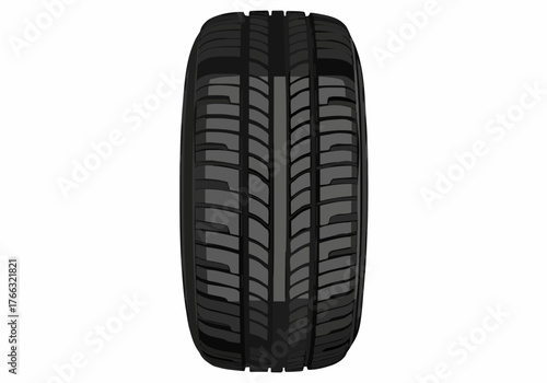 Close up of a new, black tire showing its intricate tread pattern on a white background, conveying concepts of safety and quality from a centered eye level view
