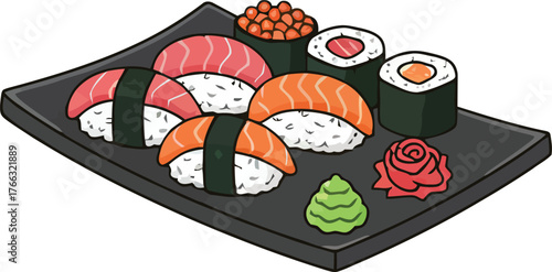 Sushi Platter with Nigiri Maki Wasabi and Ginger on a Black Tray