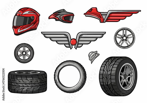 A vibrant close up presents a collection of detailed vector illustrations including a red motorcycle helmet and wheels suggesting high performance racing and transportation design elements.