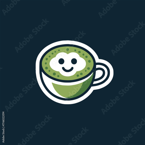 A stylized green tea cup with a smiling cloud floating on top against a dark teal background color