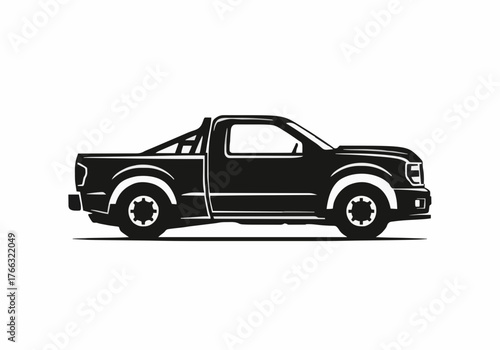 Side view of a black and white pickup truck illustration shows its sturdy design and simple transportation, ideal for automotive themes and visual communication.
