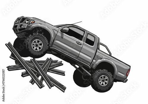 A grayscale pickup truck with modified suspension climbs over a pile of wooden beams in an offroad challenge emphasizing adventure and the capabilities of the vehicle from a low angle.