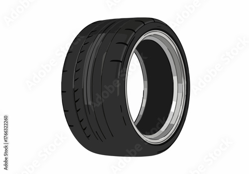 A sleek black car tire with a silver rim, presented at eye level against a clean white background to emphasize its detailed tread pattern and modern design.