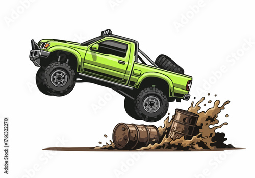 A vibrant green off road pickup truck is powerfully jumping over muddy oil drums in a dynamic action scene that evokes adventure and resilience on white