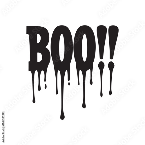 bold halloween word boo!! in a dripping grunge slime font vector graphic.