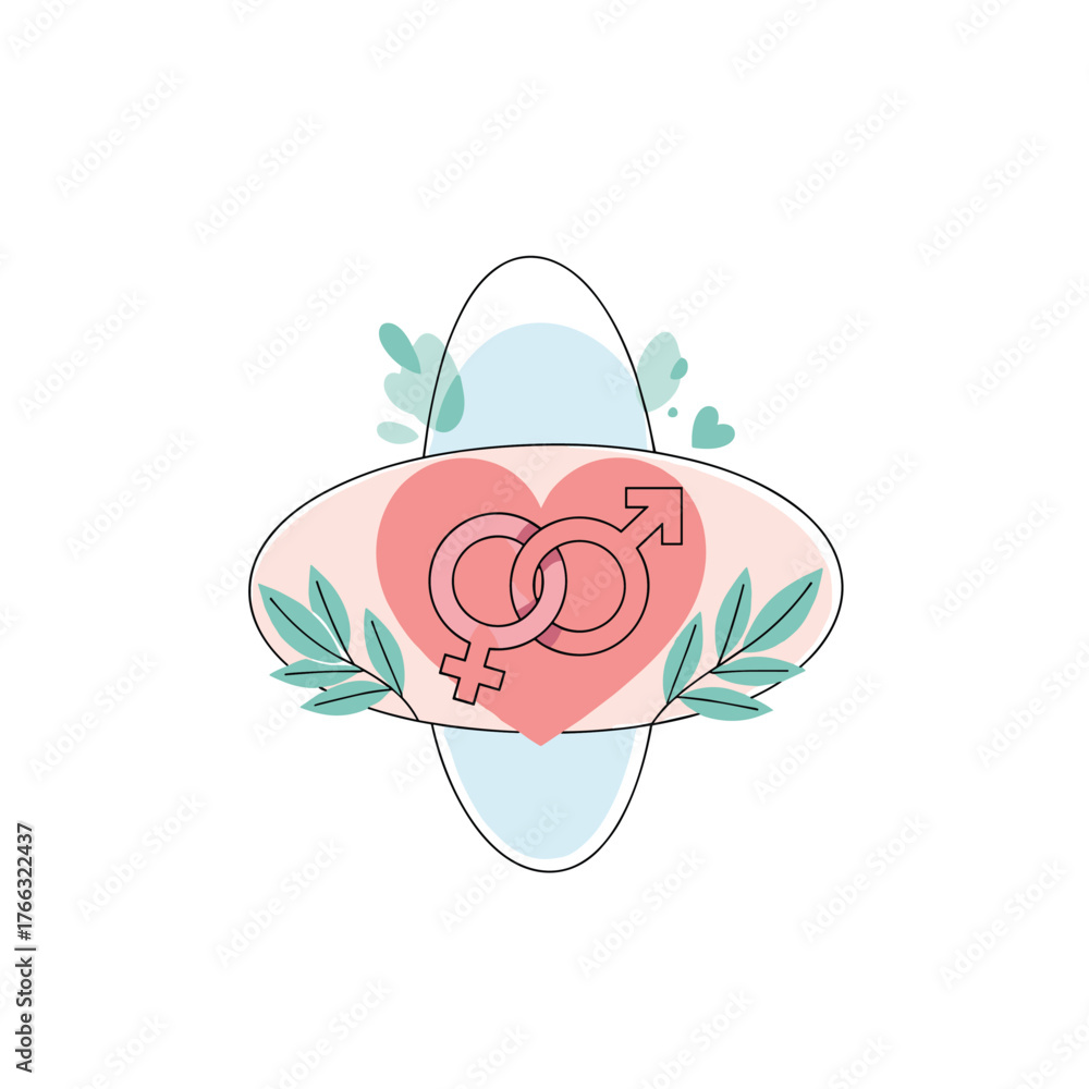 Obraz premium Gender Symbols Intertwined in Heart with Leaves Illustration.