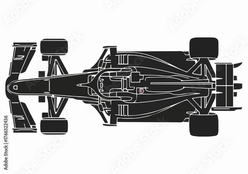 Sleek black silhouette of a formula one race car speeds dynamically across a white background emphasizing its aerodynamic design and high speed potential for automotive industry marketing.