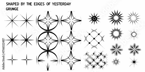 Collection of abstract starbursts and geometric shapes with a grunge texture and vintage feel
