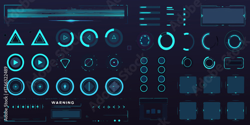 Futuristic digital user interface elements and futuristic hud display with neon blue accents