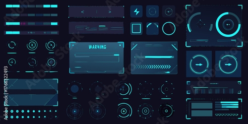 Futuristic digital interface elements and data visualization elements in neon blue on a dark background