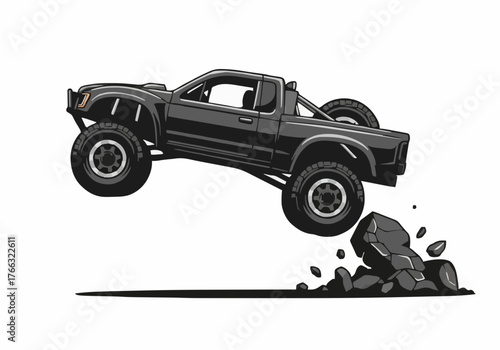 A sleek black off road truck is dramatically airborne after launching from a rocky hill showcasing freedom adventure and automotive power from a low angle shot.