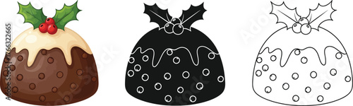 Three Christmas puddings, vector illustration in color, silhouette, and outline style