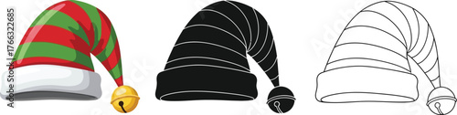Christmas elf hat with bell, vector illustration in color, silhouette, and outline style