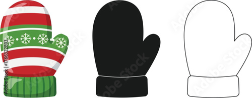 Set of Christmas mittens in color, silhouette, and outline style