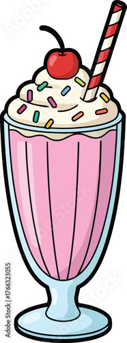 Cartoon Pink Milkshake with Whipped Cream Sprinkles Cherry and Striped Straw