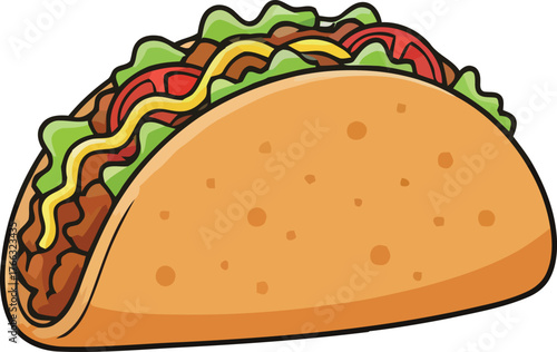 Cartoon Taco with Ground Beef Lettuce Tomatoes and Cheese Filling