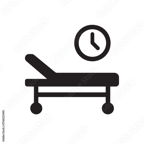 Black icon of a medical stretcher with a clock symbol time healthcare