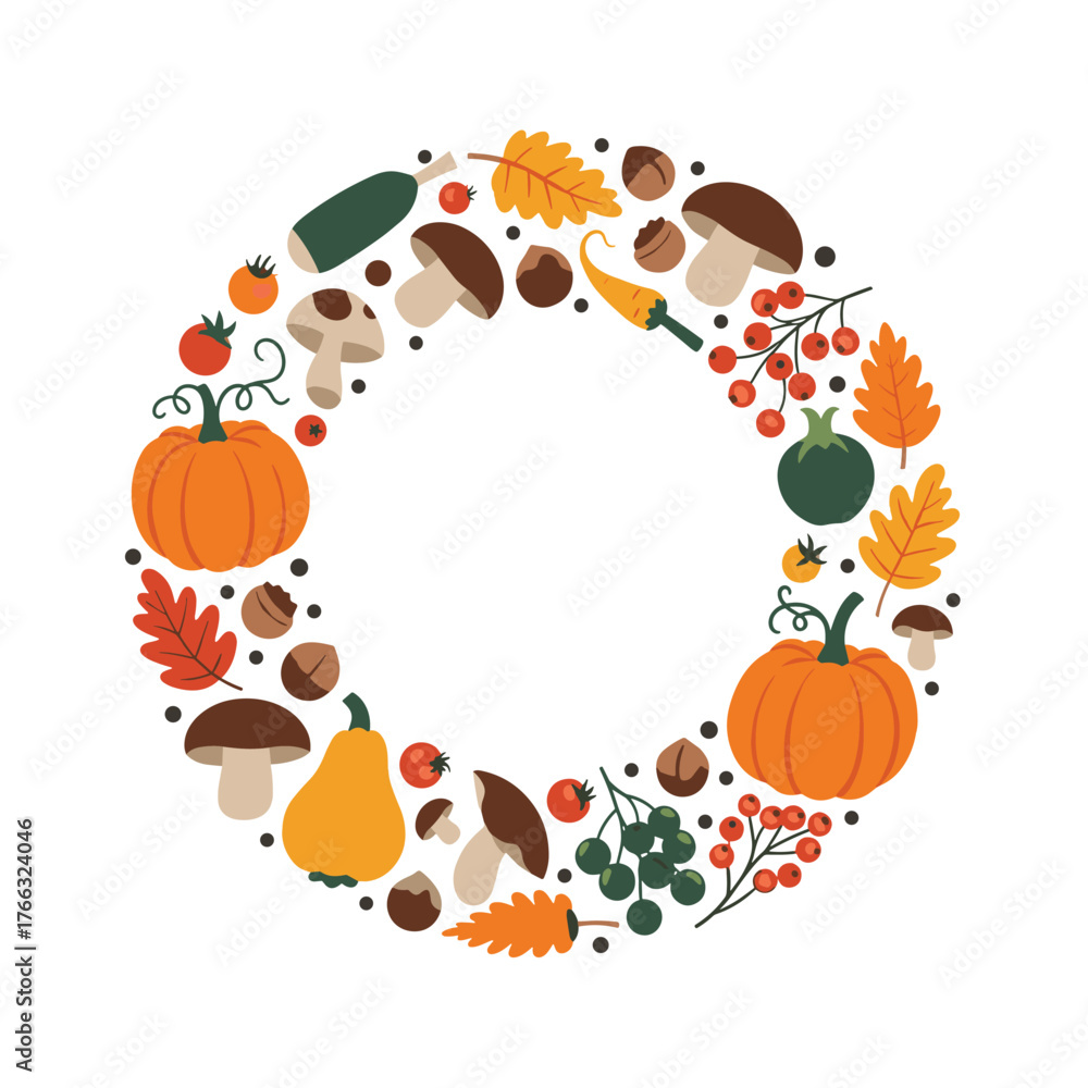 Obraz premium Autumnal Wreath with Pumpkins, Mushrooms, and Berries.