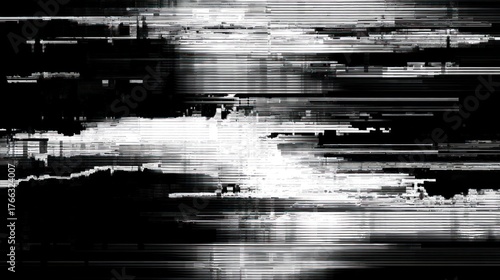 Black and white abstract with horizontal distorted lines, suggesting digital error