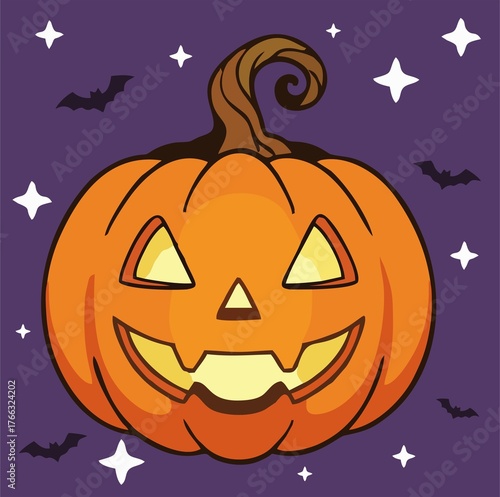 Spooky orange pumpkin jack-o-lantern face with bats and moon on a dark Halloween night