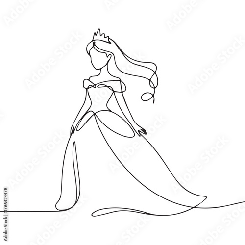Continuous Simple black line art drawing of a queen in a minimalist style on a white background.