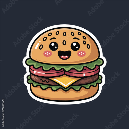 A cartoon burger with a smiling face and rosy cheeks on a dark background with white outline detail