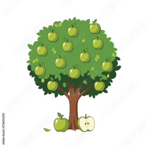 Cartoon apple tree with ripe green apples illustration.