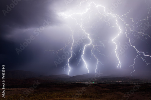 Lightning bolts strike from a severe thunderstorm