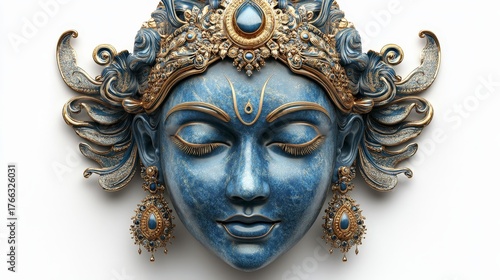 Divine 3D Render of Lord Krishna Face with Ornate Details and Vibrant Blue Colors for Artistic Use