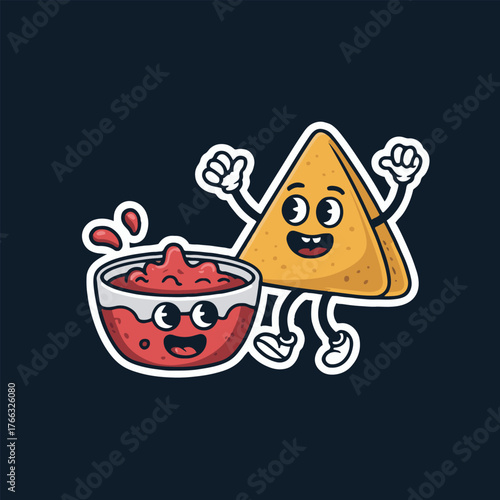 Cartoon illustration of a smiling tortilla chip and a bowl of salsa with arms and legs
