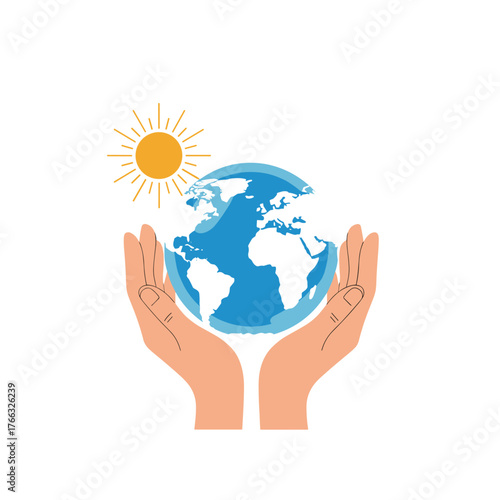 Hands holding planet earth with sun shining brightly above.