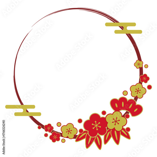 松竹梅と筆タッチサークルの和風フレーム/赤・金