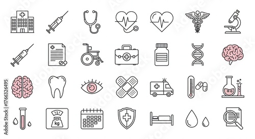 Comprehensive healthcare icon collection for medical professionals and wellness brands needing a modern and clean design aesthetic with universal appeal