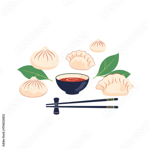 Delicious assortment of Asian dumplings with soy dipping sauce and chopsticks.