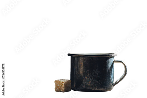 Metallic Enamel Mug And Sugar Cube Isolated On Black Background With Dramatic Lighting