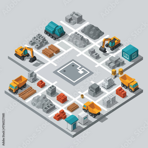 Isometric illustration of a construction site featuring various vehicles, building materials, and equipment, creating a detailed scene.