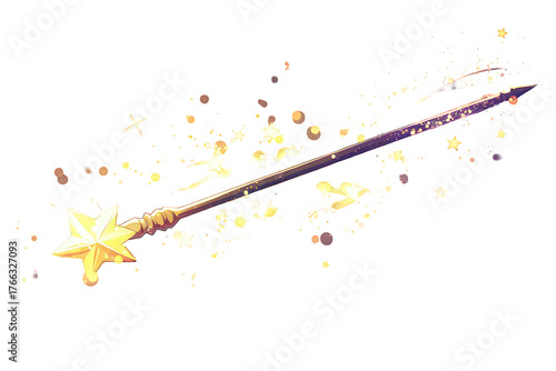 Pixelated Golden Star Wand with Glittering Sparkles on Black Background