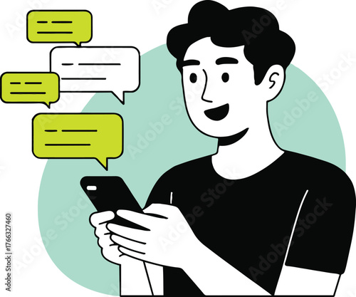 Illustration of a person texting on smartphone with speech bubbles for messaging communication