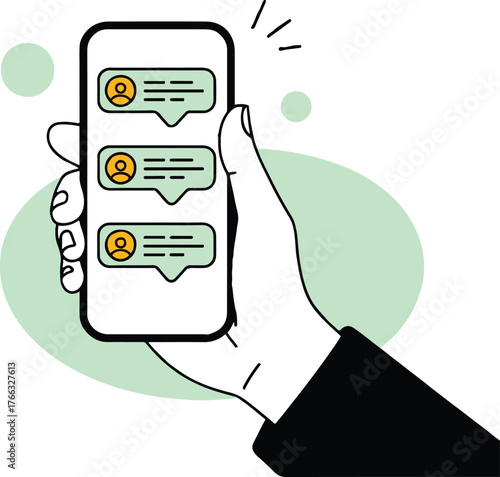 Illustration of hand holding smartphone with chat messages in modern minimalist style graphics