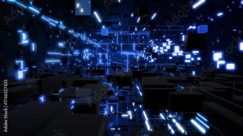 3d looped abstract background with data blocks. Information technology concept with data flow. Blue dark sci fi bg fly through hi tech digital space, neon light. Data flow in blockchain or bigdata.