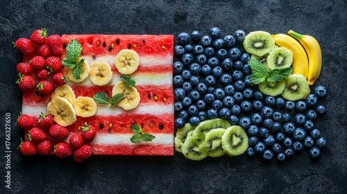 Large American Flag Shaped Fruit Platter Made with Watermelon, Berries, and Kiwi for Festive Celebrations