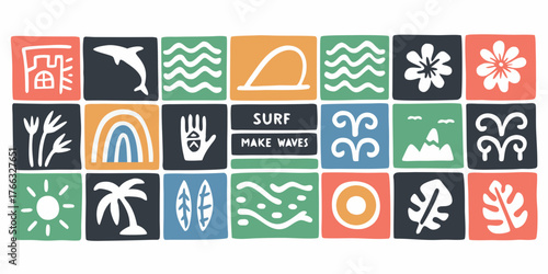 Collection of tropical and surfing related icons and symbols in a grid layout with vibrant colors