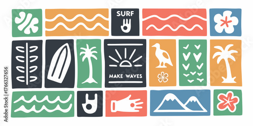 Photography Colorful tropical collage of surfing beach and island icons with palm trees and
