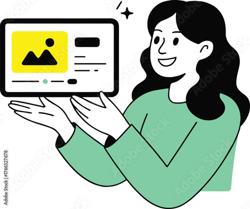 Smiling woman holding a tablet device displaying a picture with simple design and bright colors