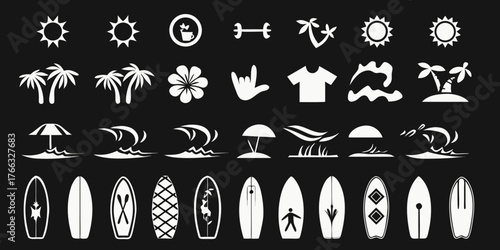Collection of white summer beach and surfing icons on a black background