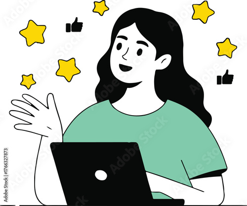 Woman working on laptop with stars and thumbs up icons indicating feedback and appreciation